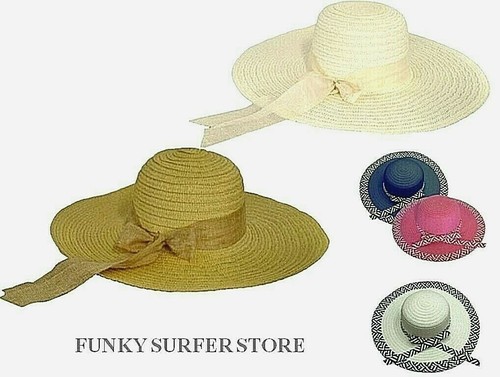 Da Donna NASTRO Larga Tesa Cappello di paglia floppy Sole Estivo Spiaggia  Formale Matrimonio Cappelli | eBay