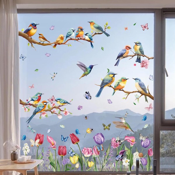 Fensterbilder FrüHling Deko Selbstklebend Vogel Blumen Aufkleber-image