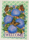 Monarch Butterflies on Blue Hydrangea Flowers Welcome Garden Flag 12" x 18"