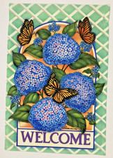 Monarch Butterflies on Blue Hydrangea Flowers Welcome Garden Flag 12" x 18"