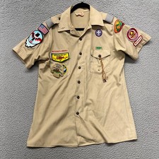 Vtg Boy Scouts Of America Official Shirt Mens M Beige Patches Short Sleeve