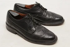 VTG Hanover Longwing Blucher Shoes Mens 7 D/B Black Leather Grain Wingtip USA 