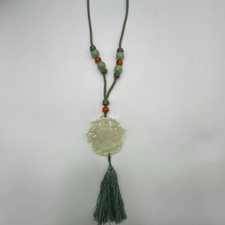 Collar Colgante Jade Tallado Cordón Verde Aventurina Cornalina Cuentas Borla 38" Foto 2 de 4
