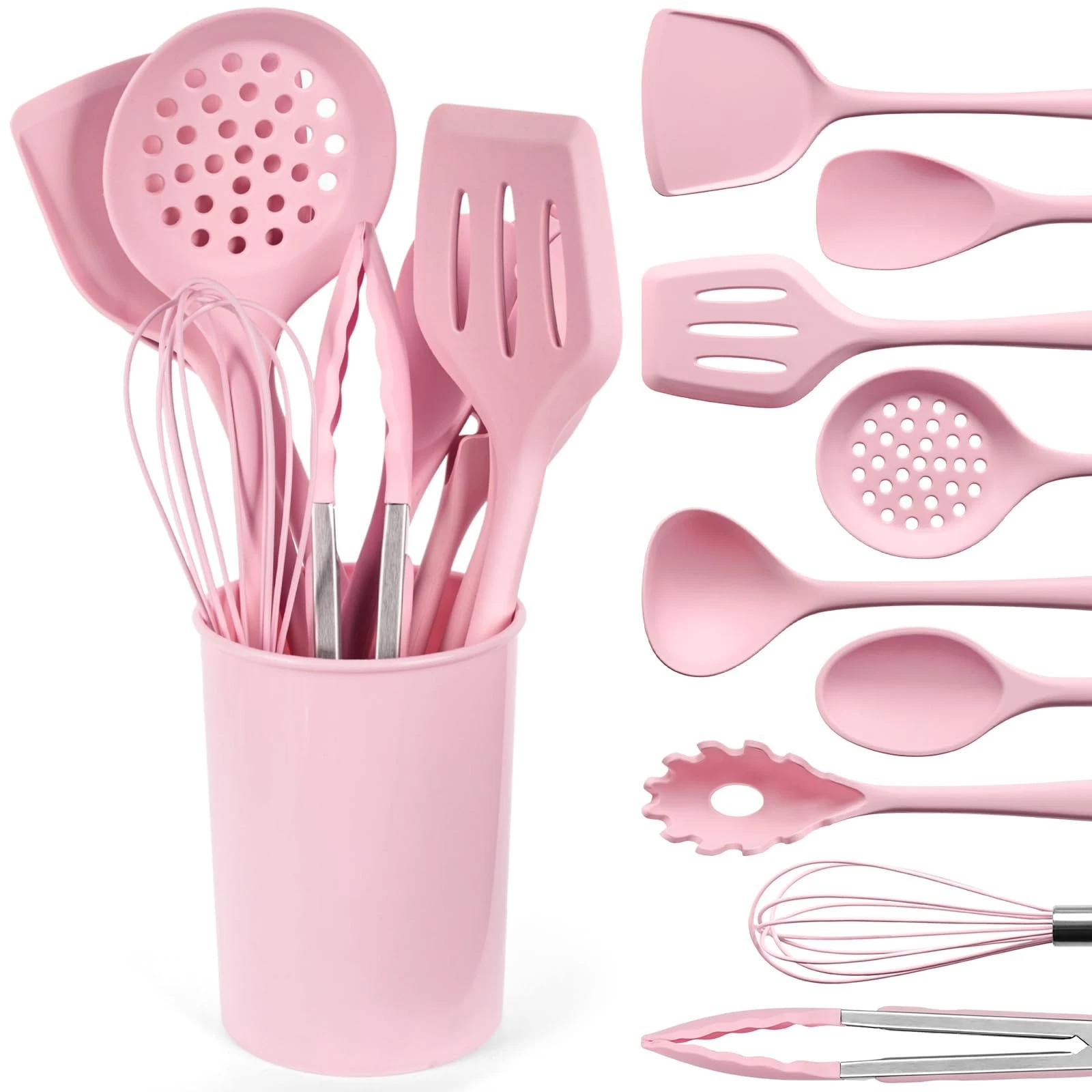 10-Piece Silicone Kitchen Utensils Set with Holder - Pink Non-Stick Cooking T...