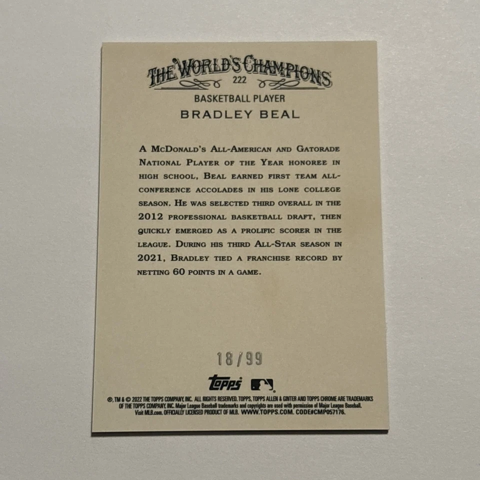 Bradley Beal 2022 Topps Allen & Ginter Chrome Green Refractor #222 Wizards /99 - Image 2 of 2