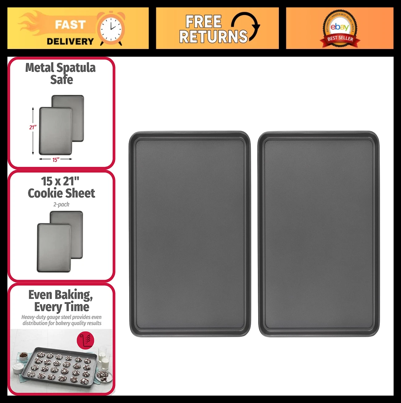 Extra-Large Nonstick Carbon Steel Baking Sheet Set, 15"x21", 2 Pack - Cookie & O