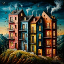 Digital Art Oil Picture Cityscape Houses Illustration Wallpaper Background Decor