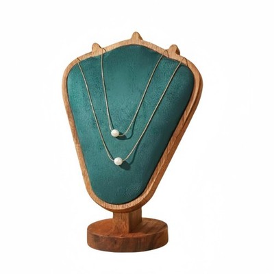 Walnut Color Body Wood Necklace Display Stand with Green Flannelette Soft Mat...