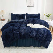 Fluffy Duvet Cover Full Size, Navy Blue Plush Shaggy Faux Fur Comforter Cover Ve