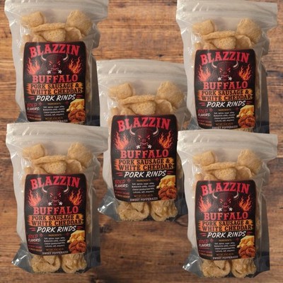 Blazzin Buffalo Pork Sausage & White Cheddar Pork Rinds 3 oz. Bag - 5 Pack