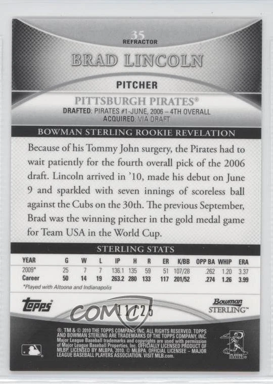 2010 Bowman Sterling Black Refractor /25 Brad Lincoln #35 - Image 2 of 2