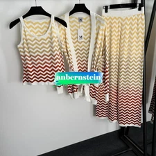 Misson* Knitted Three-Piece Suit Gradient Wavy Cardigan+Vest+Straight Trousers