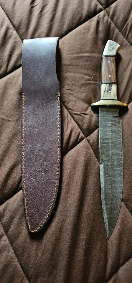 NEW Hunting Knife 8" Damascus Steel Blade Stag Horn Handle + Sheath - Image 2 of 4