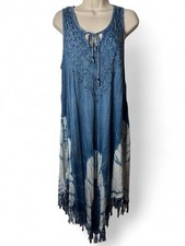 Ace Fashion 100% Rayon Blue Tie-Dye Maxi Dress with beaded details and fringe