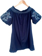 Beach Lunch Lounge Blue Puff Sleeve Embroidered Boho Dress Size M