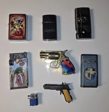 Vintage Unique Lighter Lot – 8 Piece Mixed Collection Zippo Scortch, Gun, Mini