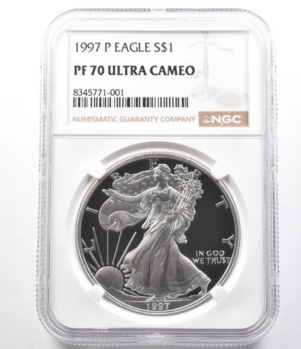PF70 UCAM 1997-P American Silver Eagle - Brown Label NGC Spot Free White