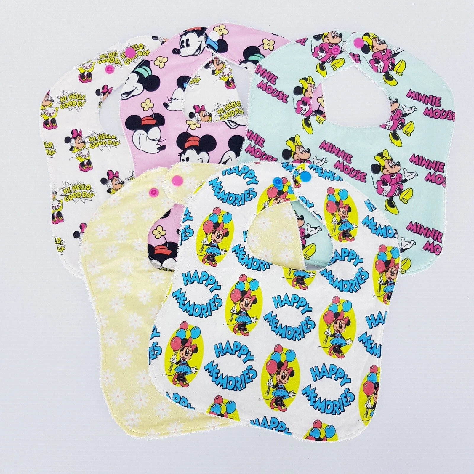 Baby Bibs Minnie Mouse Mixed Colour Prints 5 x Pack 100% Cotton Handmade New