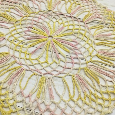 #M56 Hand Crocheted Doily Yellow Pink White Gradient 11'' Doilies Centerpiece