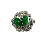 Diamond and Natural Jade Brooch Pin! Gorgeous Solid 14k White Gold 0.75 Tcw