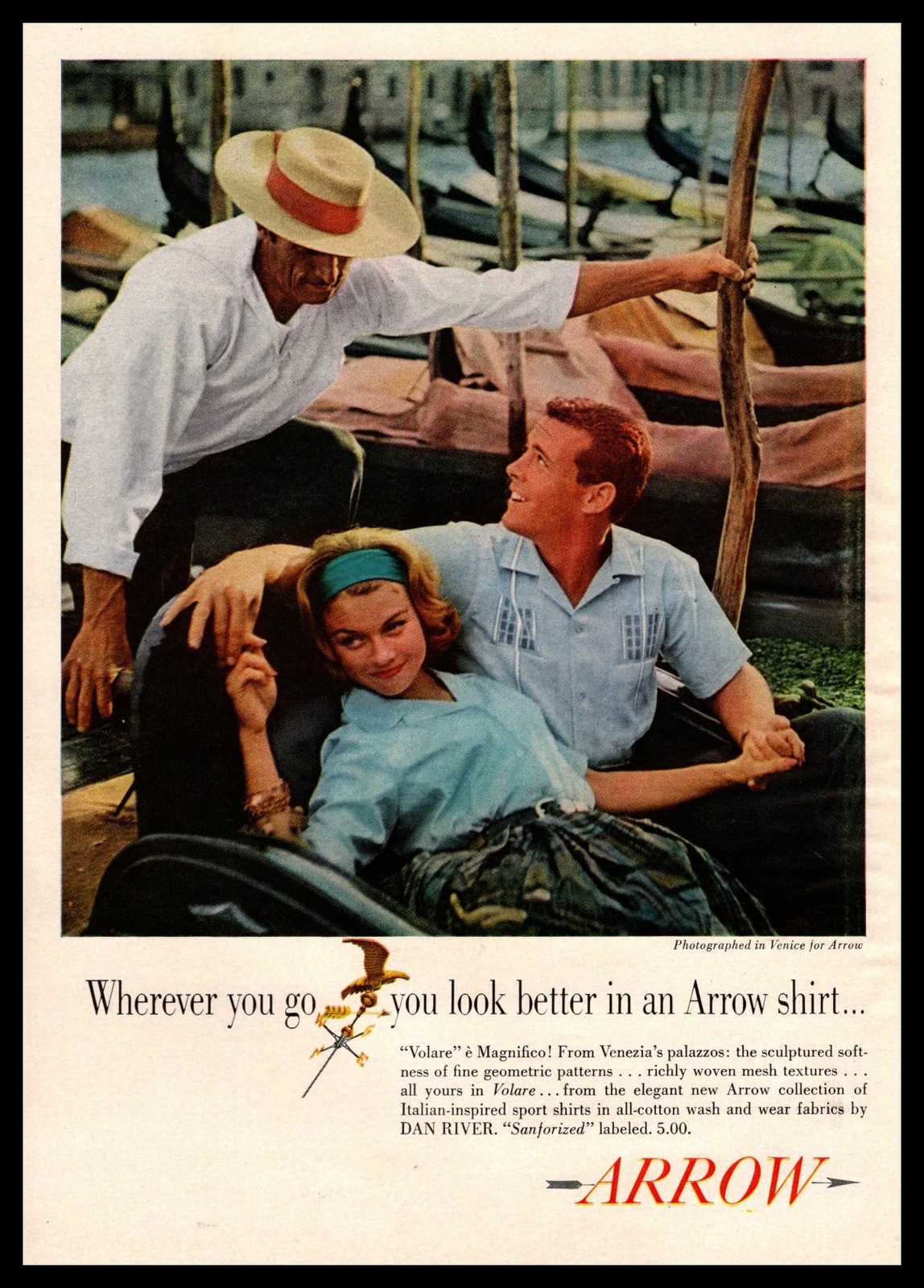 FILA 1960 Freccia Dan River Mills Camicia Venezia Italia Gondola Canale Canottaggio Barca Stampa Pubblicità