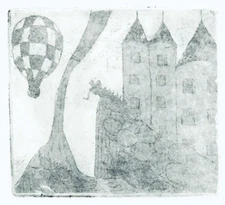 Mystical Castle on a Hill with Balloon 10" Surreal Vintage Etching Medieval Art