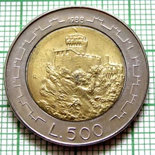 SAN MARINO 1988 500 LIRE, Fortifications Series – Second Tower BI-METALLIC UNC