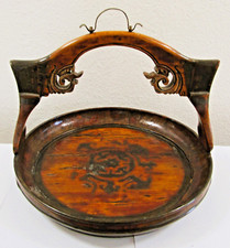 Antique 19th Century Hand-Carved Chinese Wooden Offering Basket with Design