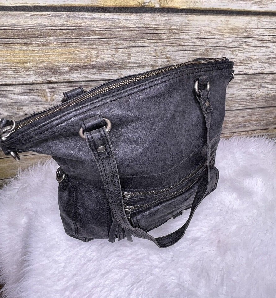 The Sak Venata Black Distressed Genuine Leather Boho Purse Shoulder Bag