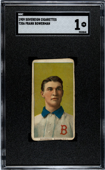 1909 T206 Frank Bowerman Sovereign Back SGC 1 Baseball Card