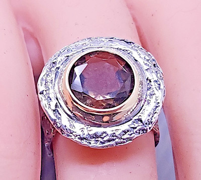 Vintage Sterlingsilber 14K GP Rauchtopas runder Coctail Ring Größe 6