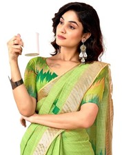 Women's Cotton Linen Printed Ready To Wear With Pocket Saree with Blouse Piece