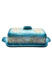 Vintage Butter Dish Teal w/Pink Flowers Cover...