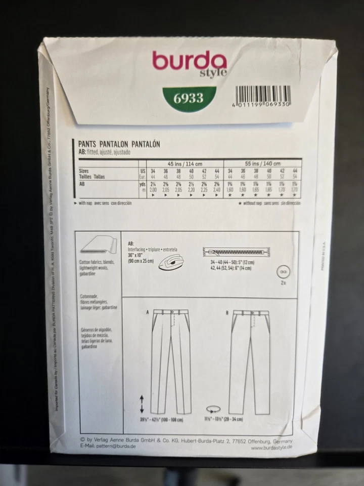 Burda  Sewing Pattern 6933 Men’s Fitted Trousers In Business or Chino Style34-44 - Image 2 of 3