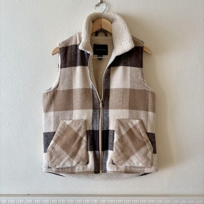 Sanctuary Plaid Sherpa Lined Vest Women s S Zip Front Brown Tan Cream Gorpcore