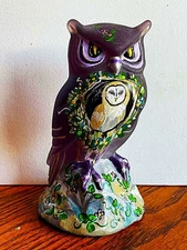 Fenton  Eggplant  GLASS   Gorgeous Pansies & Owlet   6"  OWL   Rachelle   OOAK