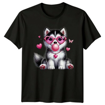Süßer Welpe Hund Tiere Unisex Grafik T-Shirt Herz Sonnenbrille Kaugummi