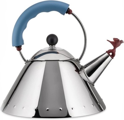 Alessi Michael Graves Stainless Steel Kettle with Bird Whistle, Blue Handle,1.7L