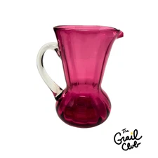 Vintage Hand Blown Cranberry Art Glass Pitcher with Applied Ribbed Handle 5.5"