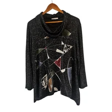 Jess & Jane Womens Abstract Boho Cowl Neck Tunic Top Size M Black Lagenlook