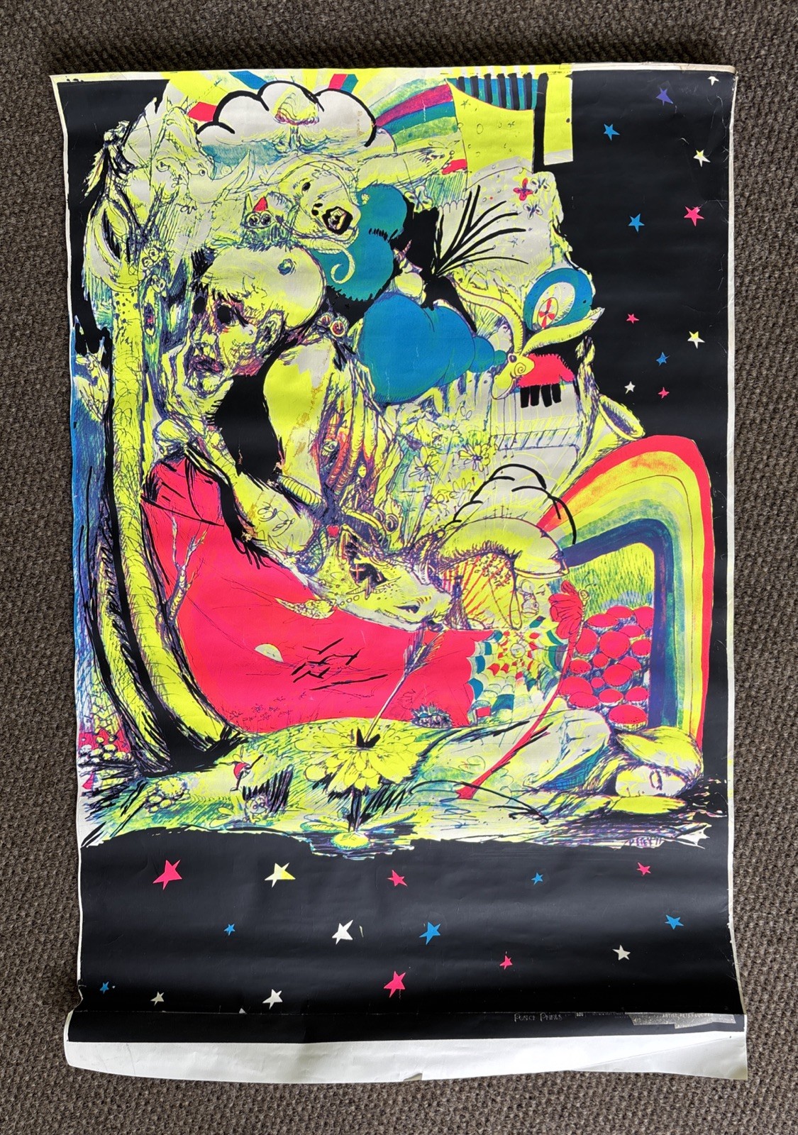 Vintage 1971 Psychedelic Blacklight Poster Prints Petey Lucifer~Mushroom~Dreamer