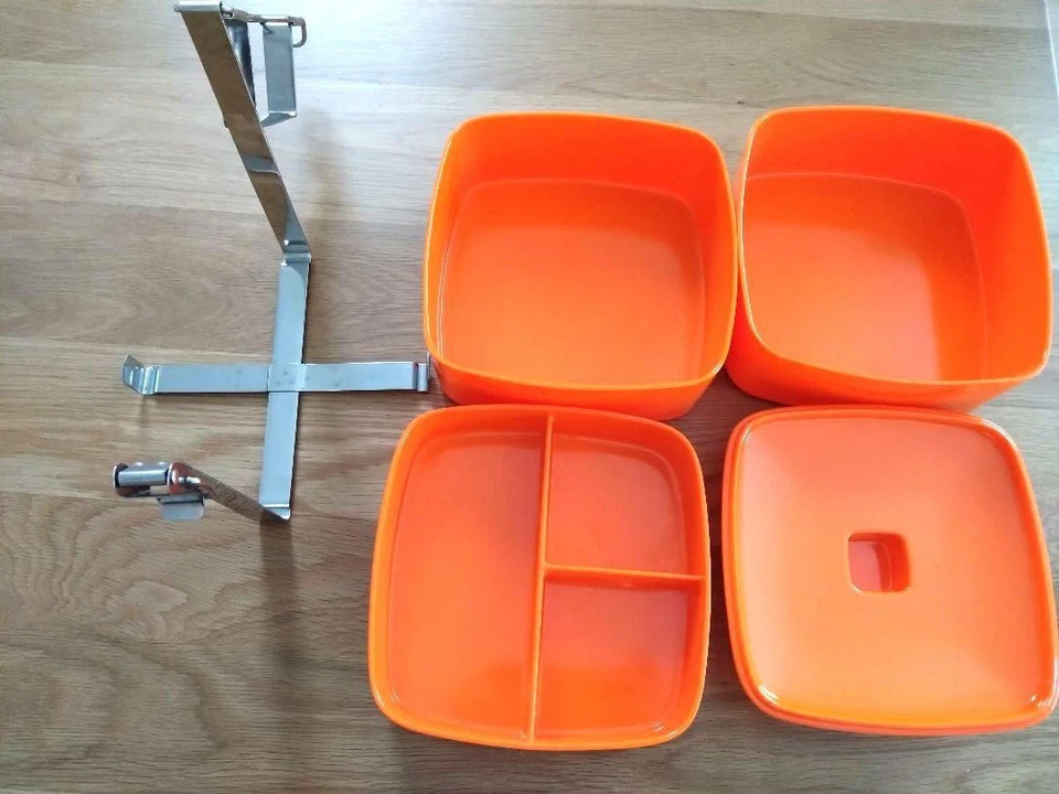 Orange Stackable Bento Box with Metal Handle Three-Tier Picnic Container - Image 3 of 4