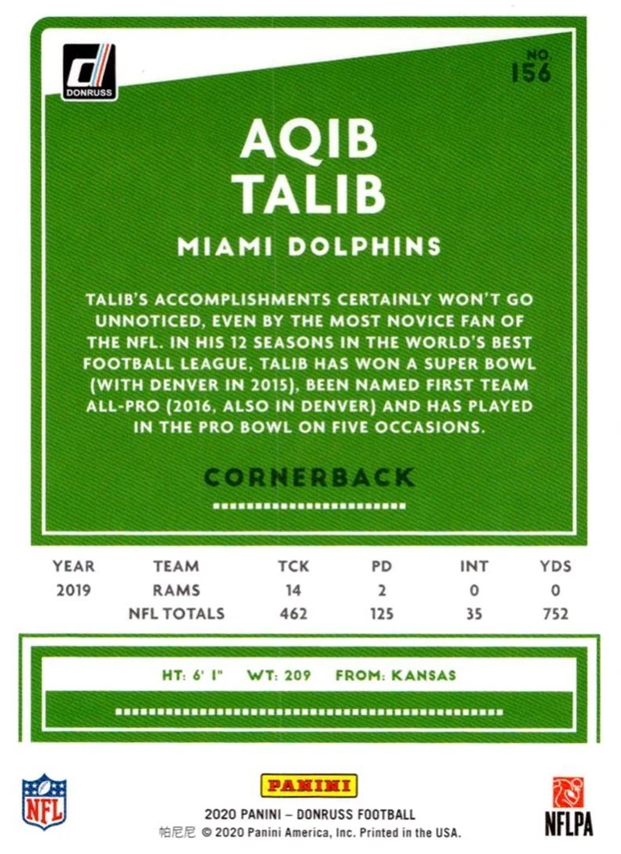 2020 Donruss Aqib Talib Miami Dolphins #156 - Image 2 of 2