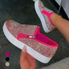 Women Fashion Slip On Comfy Sneakers Rhinestone Zipper Casual Flat Loafers Shoes