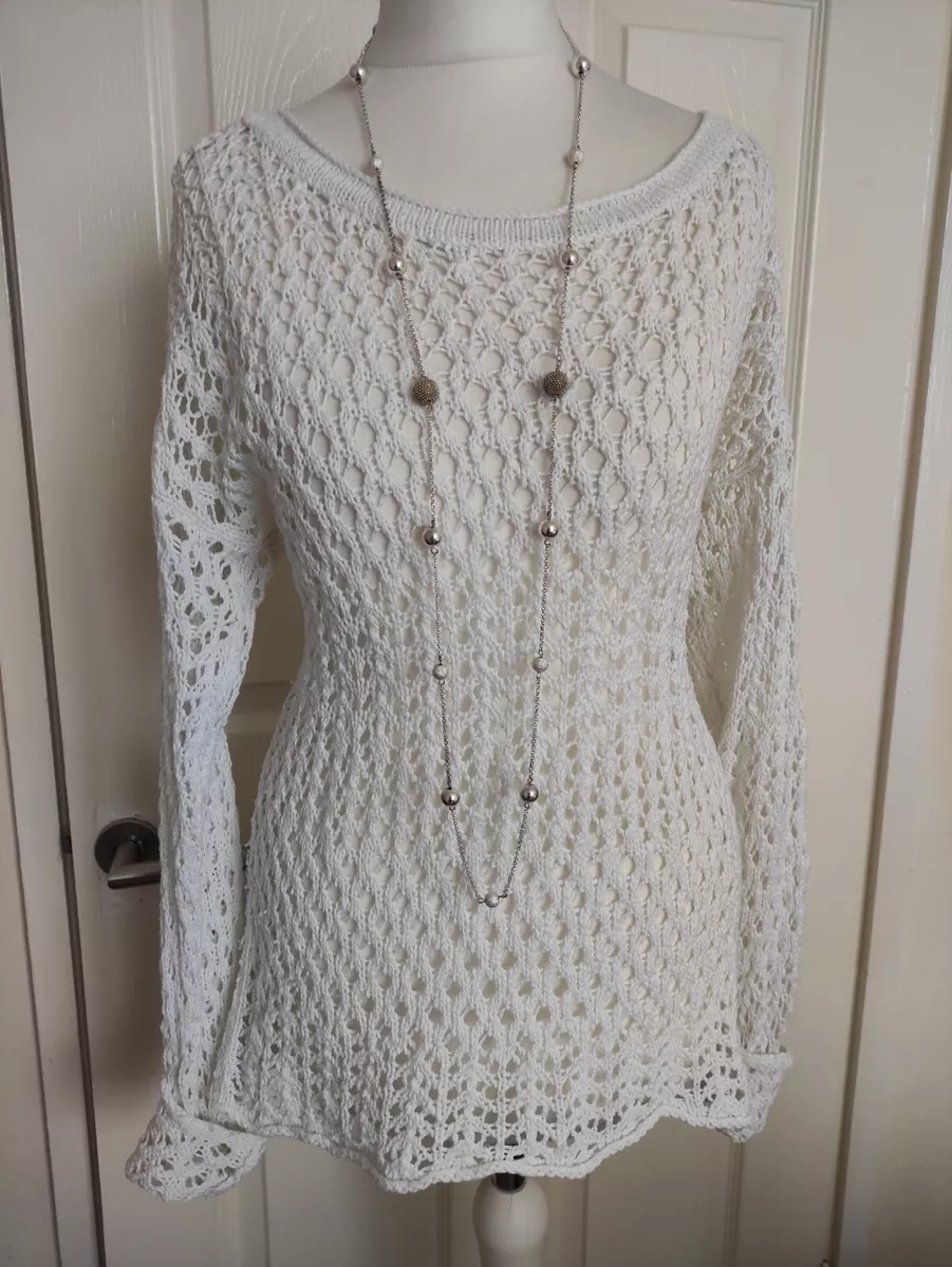 HOLLISTER CABLE KNIT JUMPER SWEATER SIZE M 12 14 WHITE LONG