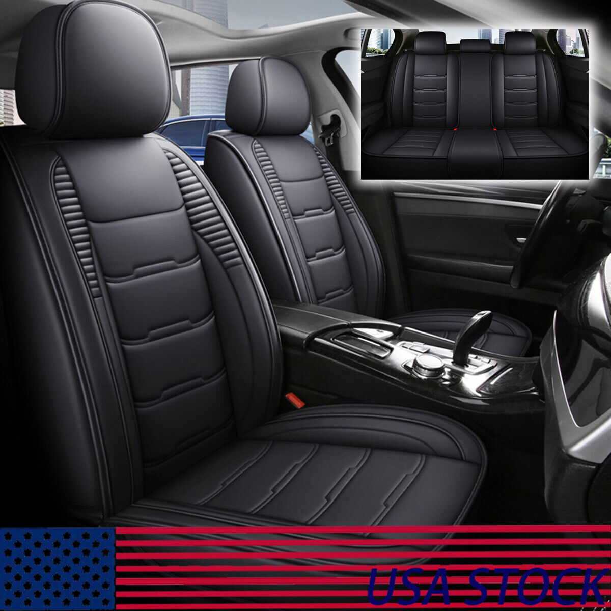 Black PU Leather Universal Car SUV 5-Sits Covers FULL SET Front+Rear Cushion USA