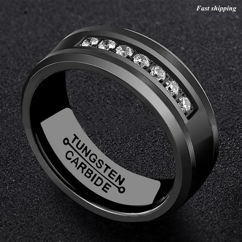 8mm Black/Silver Tungsten Carbide Ring Inlay Comfort Fit ATOP MEN Wedding Band - Picture 5 of 8