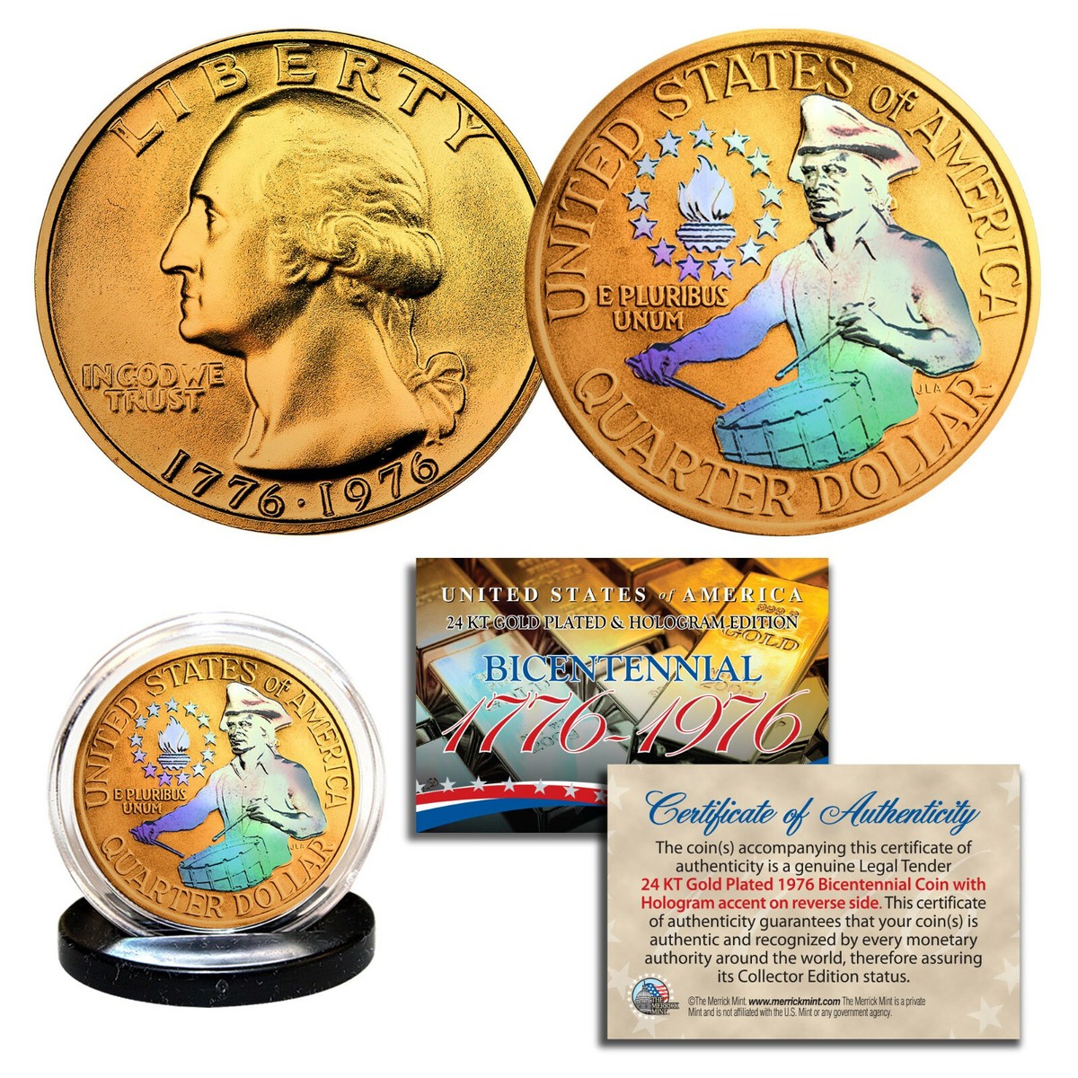 1976 Bicentennial Genuine U.S. Quarter Coin 24K Gold Plated