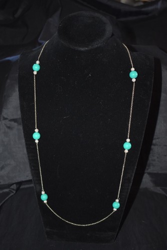 ANN TAYLOR Turquoise Blue Lucite Clear Ringtones Station Gold Tone Necklace 34"