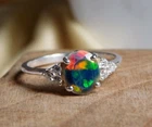 925 Sterling Silver Ring, Natural Opal Ring, Black Opal Halo Ring Fire Opal Ring